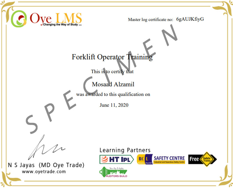 Forklift Operator Training Certificate Specimen