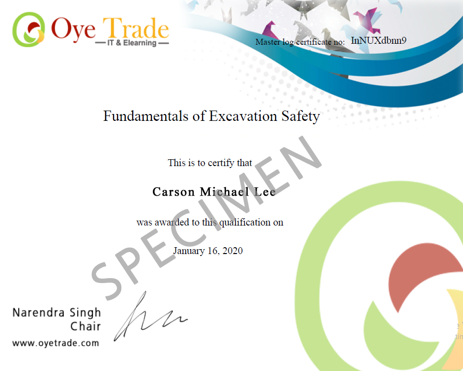 Excavation Safety Certificate Specimen